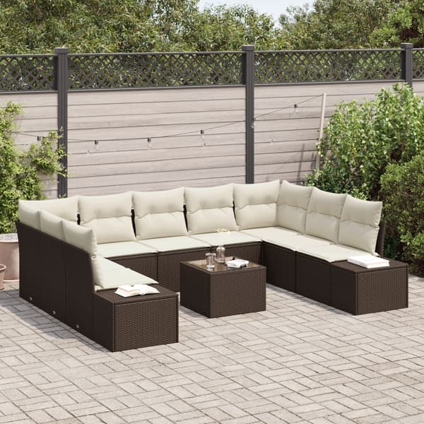 Trädgårdsoffset med kudde 9 pcs Brun och Kräm Polyrattan