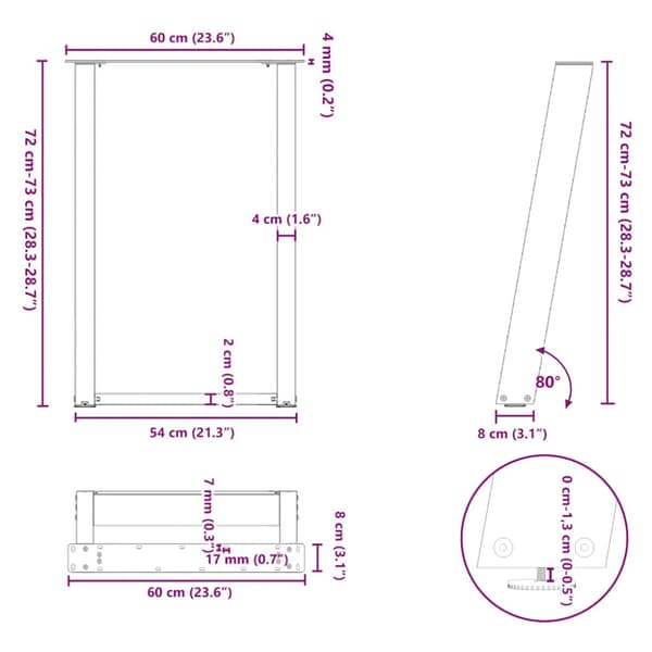 Matbordsben U-formade 2 st antracit 60x(72-73) cm stål