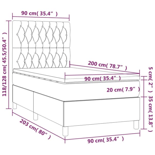 Ramsäng med madrass & LED ljusgrå 90x200 cm sammet