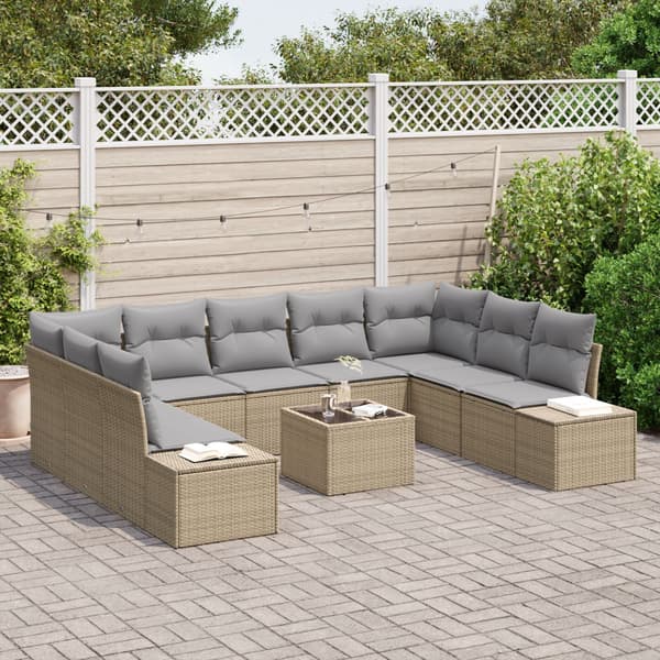 Trädgårdsoffset med kudde 10 pcs Beige konstrotting