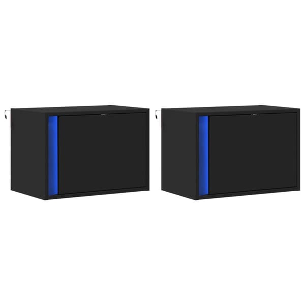 Väggmonterade sängbord med LED-lampor 2 st svart