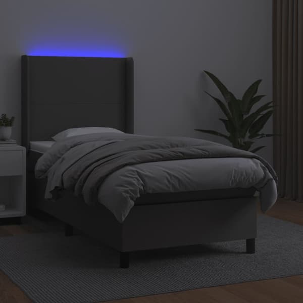 Ramsäng med madrass & LED grå 90x190 cm konstläder