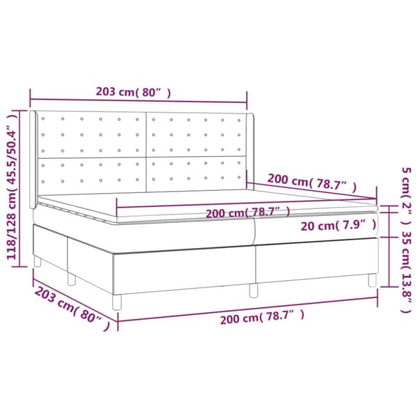 Ramsäng med madrass & LED mörkgrå 200x200 cm tyg