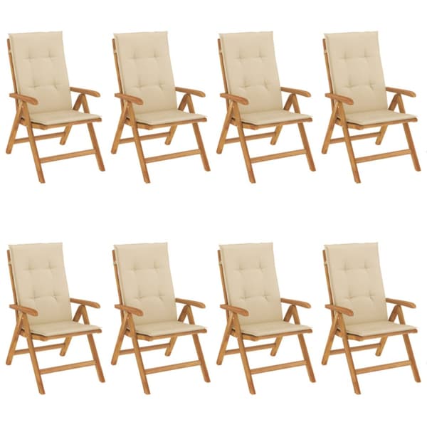 Fällbara fåtöljer med dynor, 8 st, massivt trä, teak
