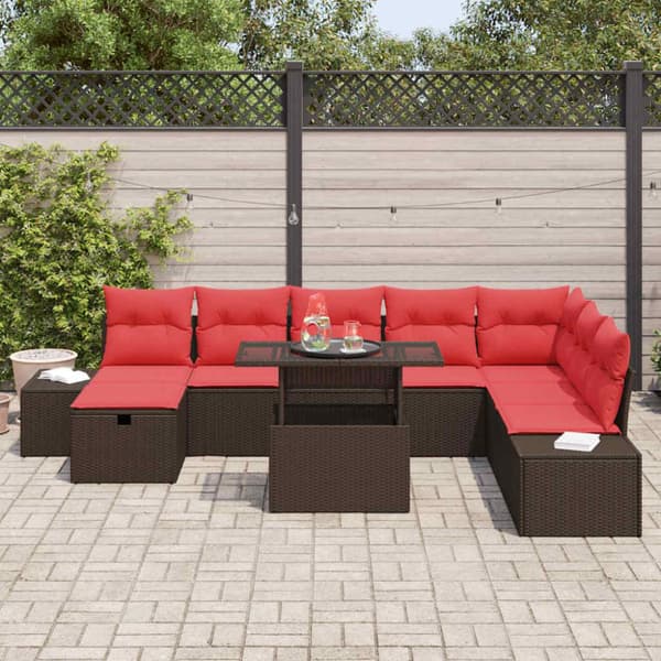 Trädgårdsoffset med kudde med lagring 9 pcs Brun Poly rattan