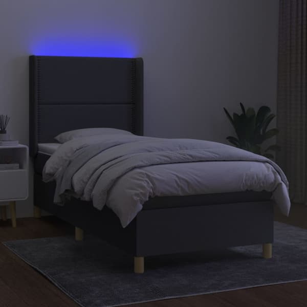 Ramsäng med madrass & LED mörkgrå 90x190 cm tyg