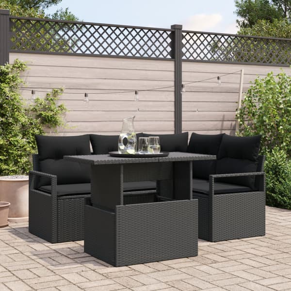 Trädgårdsoffset med kudde med lagring 5 pcs Svart Poly rattan