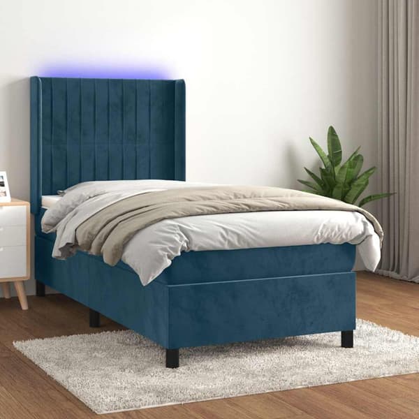 Ramsäng med madrass & LED mörkblå 90x200 cm sammet