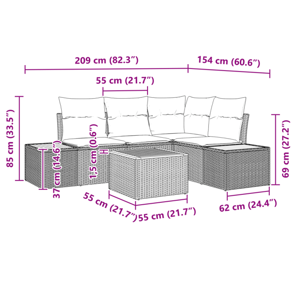 Trädgårdsoffset med kudde 5 pcs Svart Poly rattan