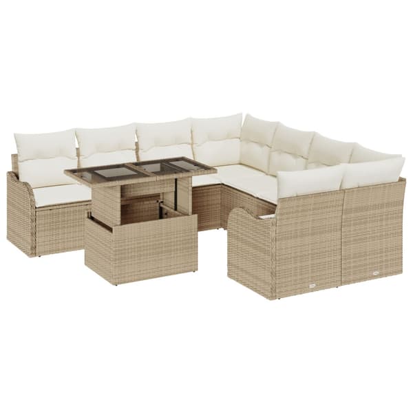Trädgårdsoffset med kudde 9 pcs Beige Poly rattan