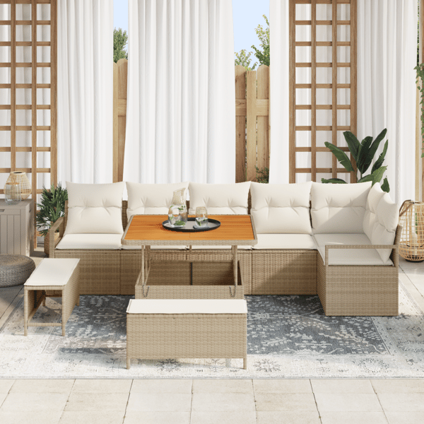 Trädgårdsoffset med kudde 9 pcs Beige Poly rattan