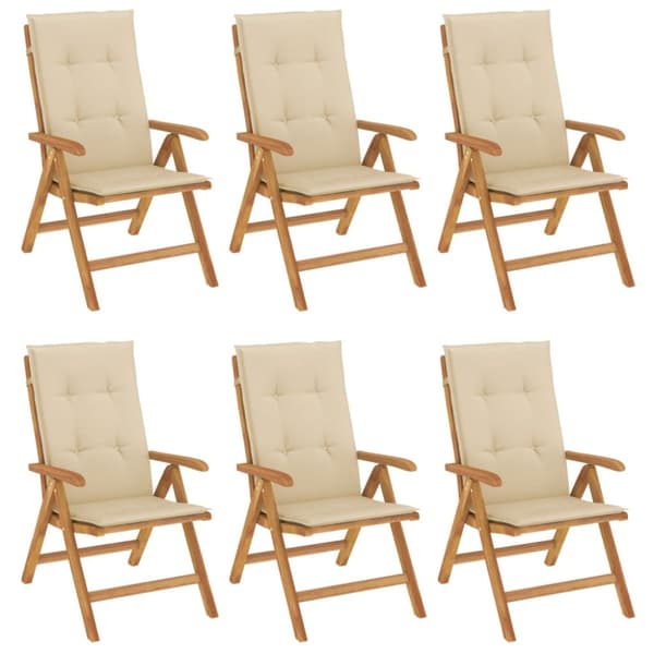 Fällbara fåtöljer med dynor, 6 st, massivt trä, teak