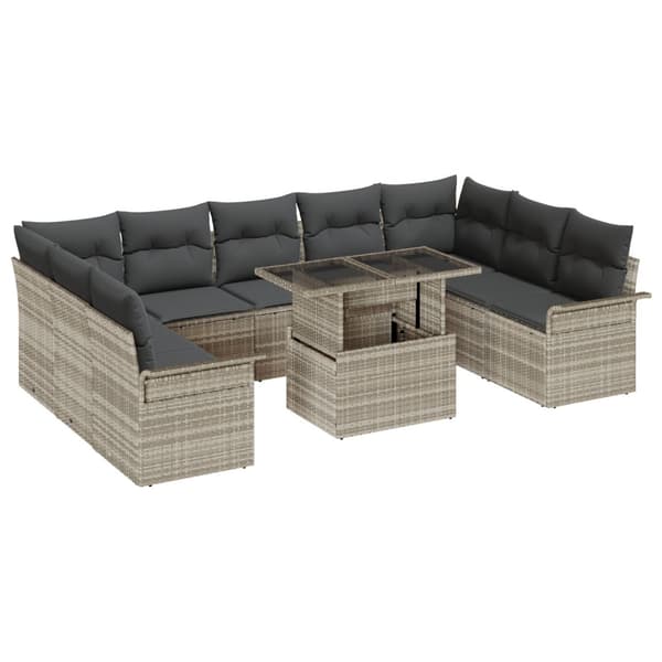 Trädgårdsoffset med kudde 10 pcs Ljusgrå Poly rattan