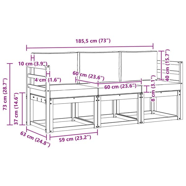 Utomhussoffset 3 pcs Vit och ljusgrå 185,5 x 63 x 73 cm