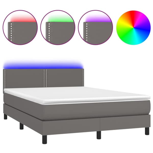 Ramsäng med madrass & LED grå 140x190 cm konstläder
