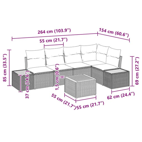 Trädgårdsoffset med kudde 6 pcs Grå Poly rattan