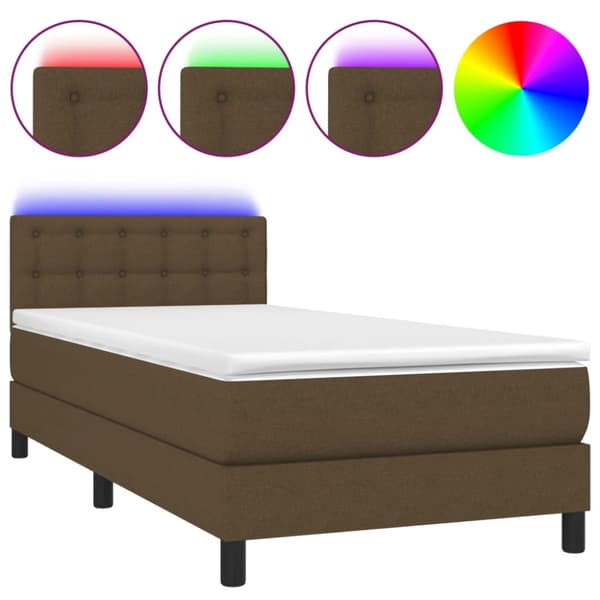 Ramsäng med madrass & LED mörkbrun 90x190 cm tyg