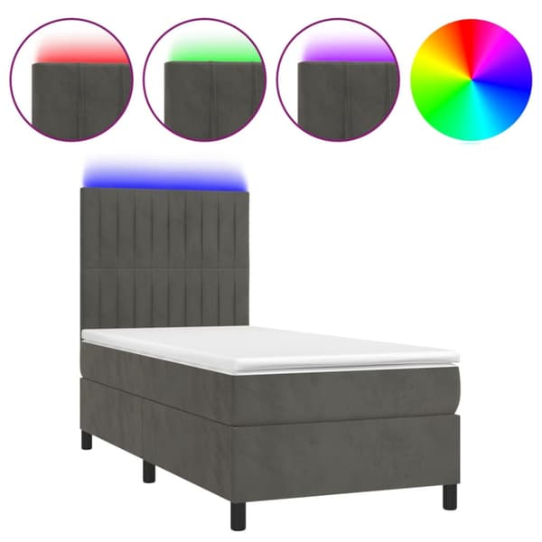 Ramsäng med madrass & LED mörkgrå 90x190 cm sammet
