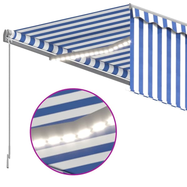 Automatisk markis med rullgardin vindsensor LED 4,5x3 m blå/vit
