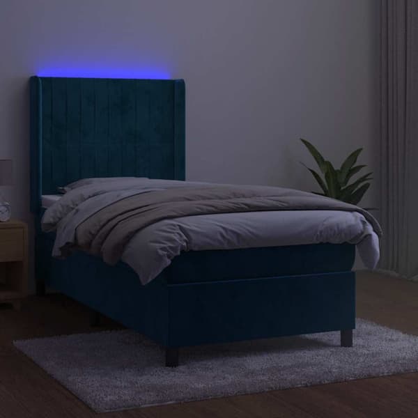 Ramsäng med madrass & LED mörkblå 90x200 cm sammet