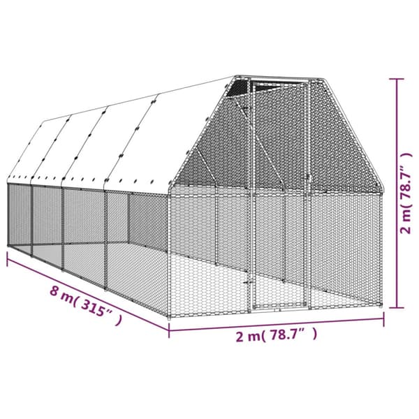 Hönsbur för utomhusbruk 2x8x2 m galvaniserat stål