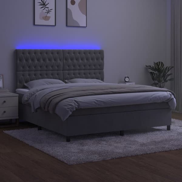 Ramsäng med madrass & LED ljusgrå 180x200 cm sammet