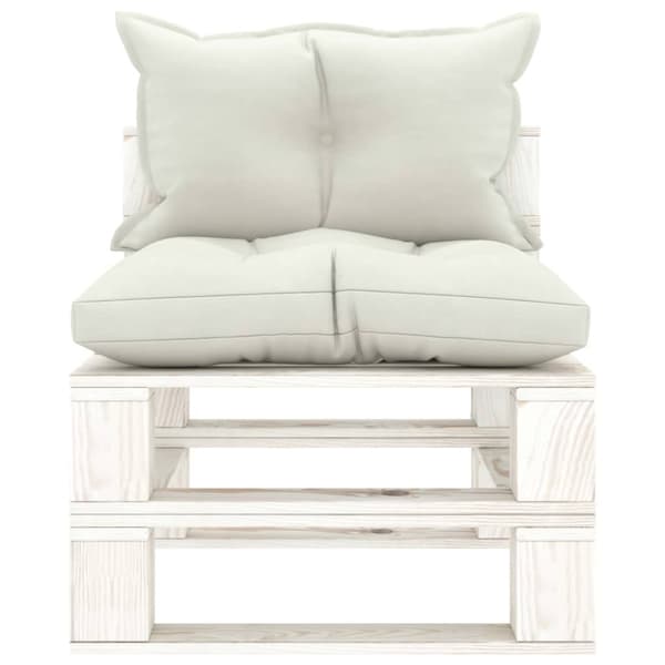 Pallsoffa mittensektion med beige dynor trä