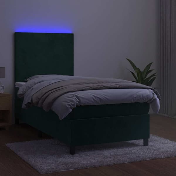 Ramsäng med madrass & LED mörkgrön 80x200 cm sammet