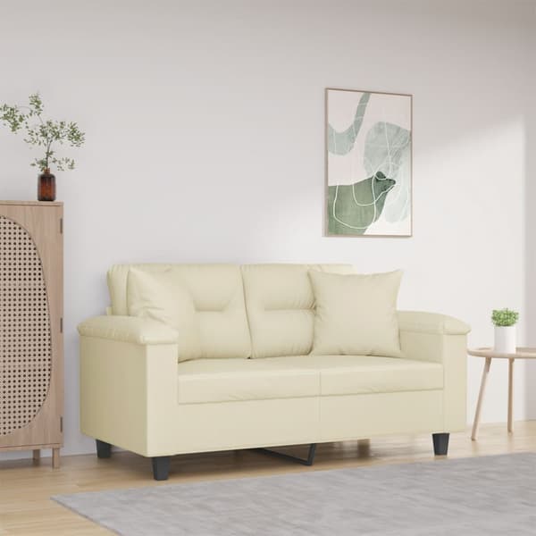 2-sits soffa med prydnadskuddar gräddvit 120 cm konstläder