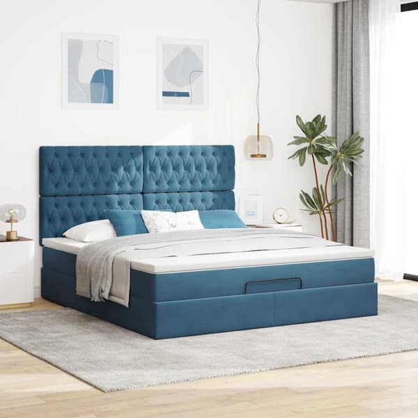 Ottoman sängram med madrasser mörkblå 180x200 cm sammet