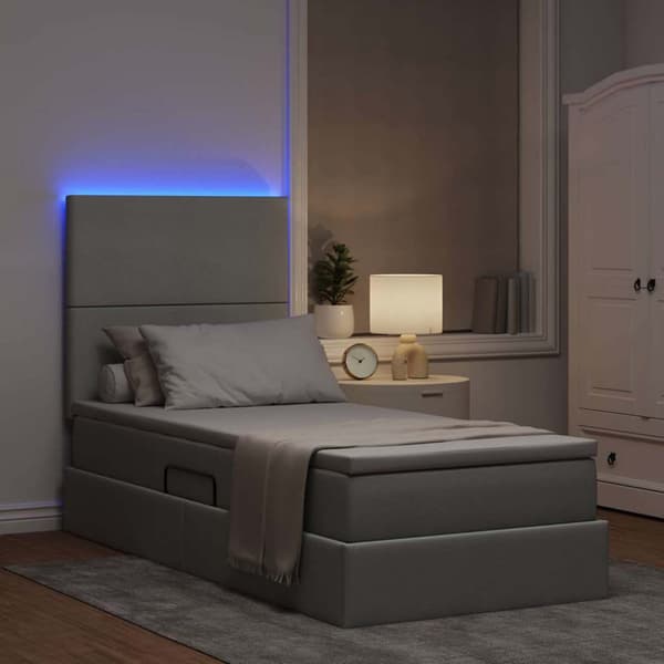 Förvaringssäng med LED med led Ljusgrå 90 x 200 cm Polyester