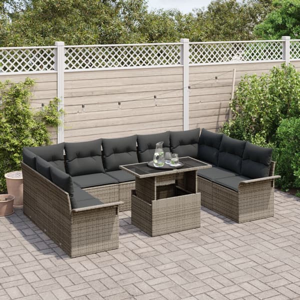 Trädgårdsoffset med kudde 10 pcs Grå Poly rattan