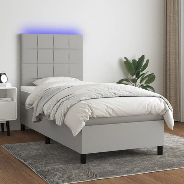 Ramsäng med madrass & LED ljusgrå 90x190 cm tyg
