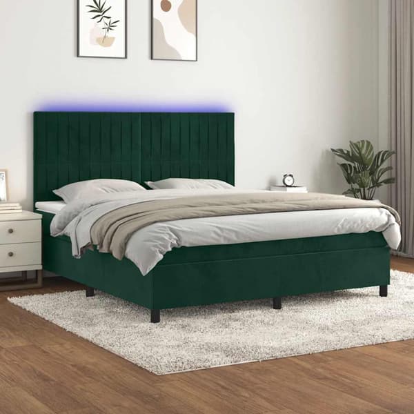 Ramsäng med madrass & LED mörkgrön 160x200 cm sammet