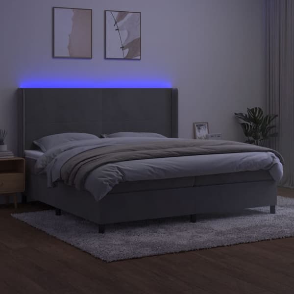Ramsäng med madrass & LED ljusgrå 200x200 cm sammet