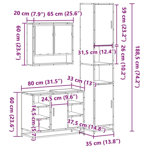 Badrumsmöbler set 3 delar sonoma-ek konstruerat trä