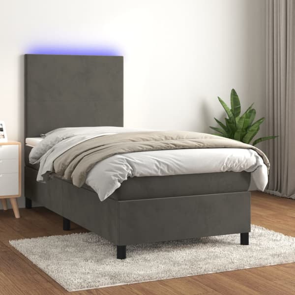 Ramsäng med madrass & LED mörkgrå 90x200 cm sammet