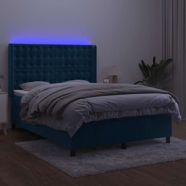 Ramsäng med madrass & LED mörkblå 140x190 cm sammet