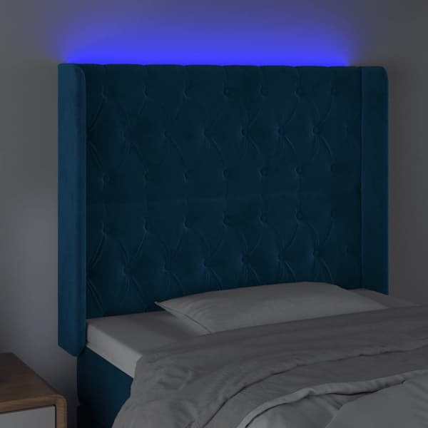 Sänggavel LED mörkblå 93x16x118/128 cm sammet