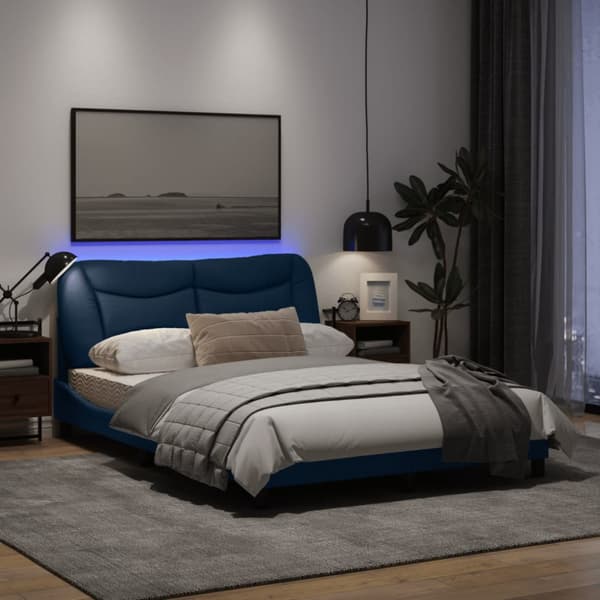 Bed Frame with LED without Mattress "Hvar" Blue 140x200 cm Fabric
