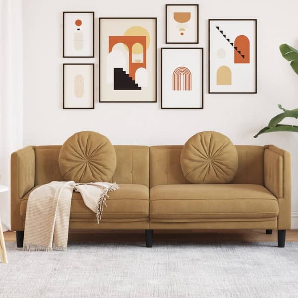 Soffa med kuddar 3-sits brun konstmocka