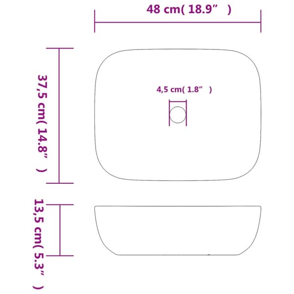 Handfat grå och svart rektangulär 48x37,5x13,5 cm keramik