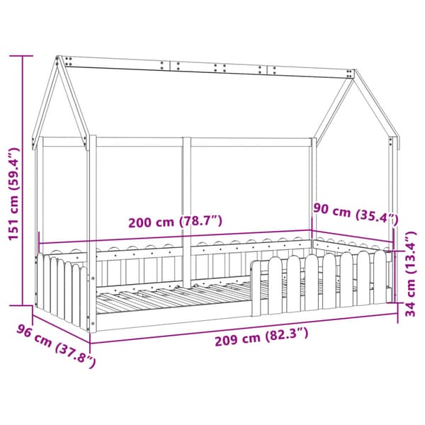 Barnsäng med husram vaxad brun 90x200 cm massiv furu