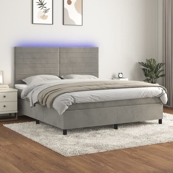 Ramsäng med madrass & LED ljusgrå 180x200 cm sammet