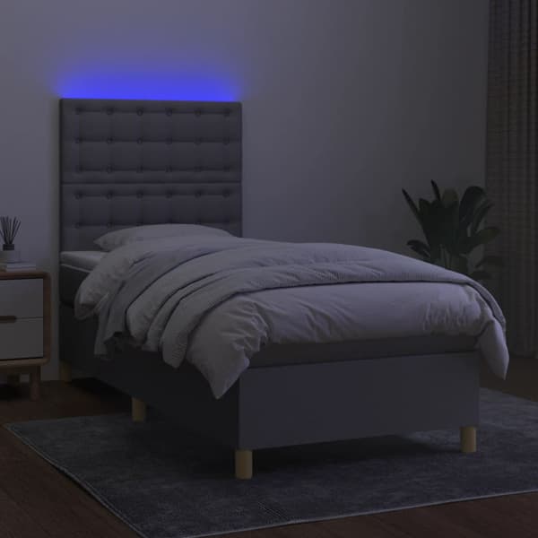Ramsäng med madrass & LED ljusgrå 90x200 cm tyg