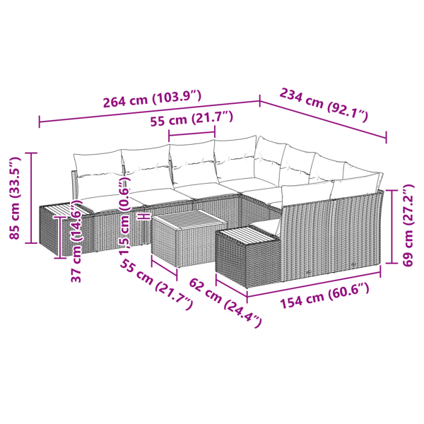 Trädgårdsoffset med kudde 9 pcs Svart Poly rattan