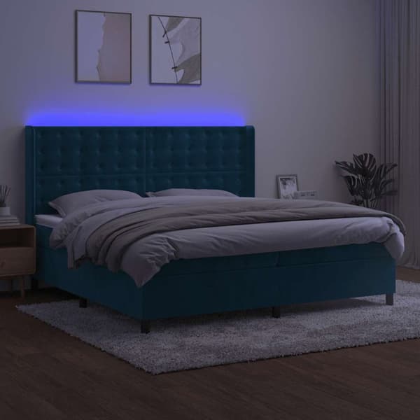 Ramsäng med madrass & LED mörkblå 200x200 cm sammet