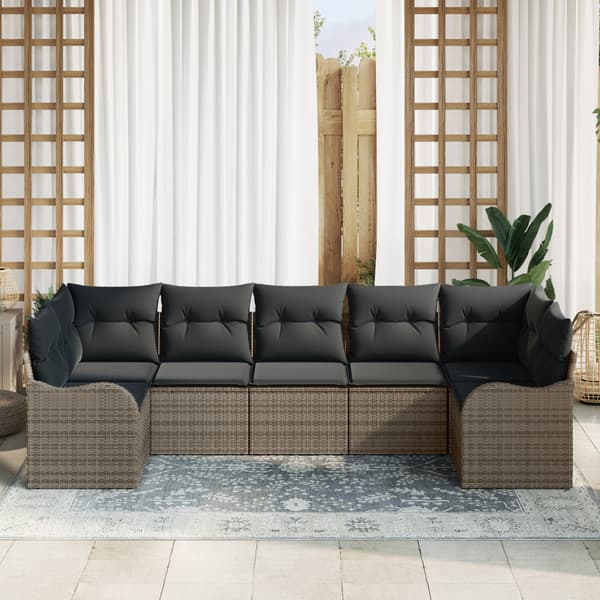 Trädgårdsoffset med kudde 7 pcs Grå Poly rattan