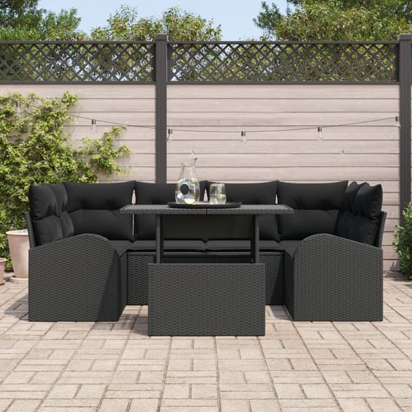 Trädgårdsoffset med kudde 7 pcs Svart Poly rattan