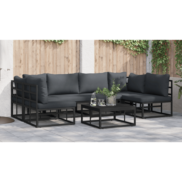 Trädgårdsoffset med kudde 6 pcs Svart Aluminium